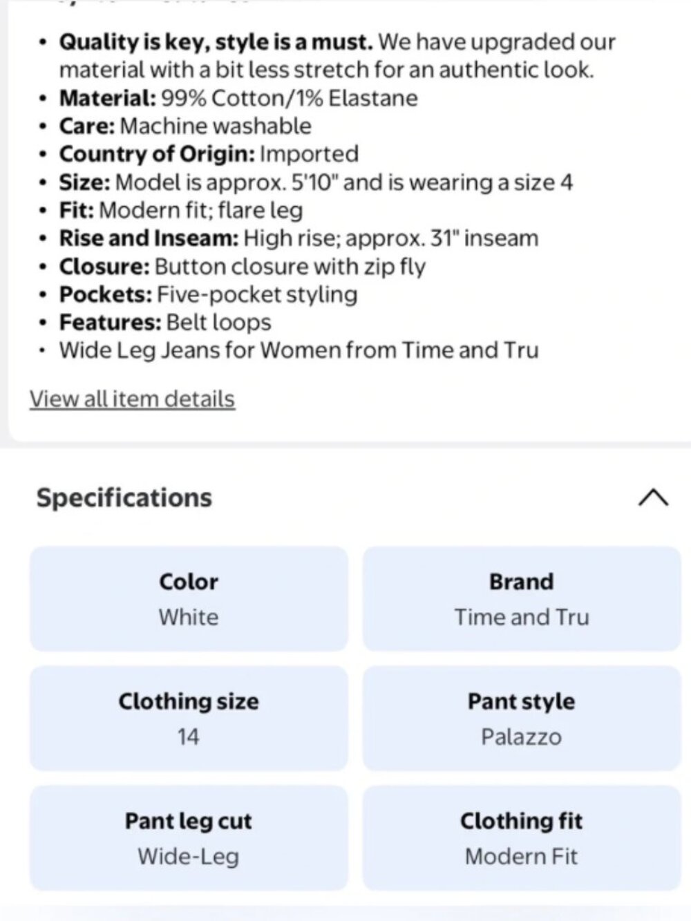 Time and Tru Women's White Wide Leg Jeans 14 - Picture 12 of 13